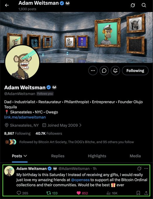 The image shows a social media post from Adam Weitsman, featuring a cartoon monkey with a camera around its neck. The post includes a link to an article about Adam Weitsman's birthday celebration. The post also mentions that Adam Weitsman is receiving gifts and has been tagged by @AdamWeitsman in the comments section below the image.