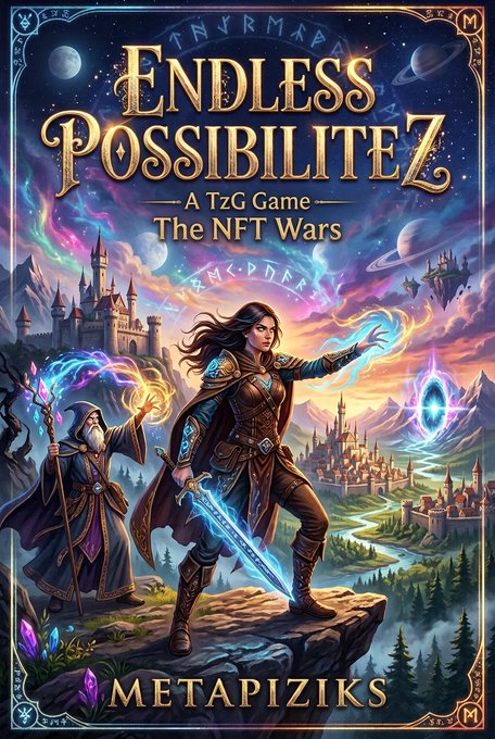 Fantasy-style game artwork titled 'Endless PossibiliteZ: A TzG Game - The NFT Wars' featuring a warrior with a glowing sword and a wizard with a staff against a castle backdrop, with 'METAPIZIKS' at the bottom.