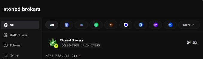 A screenshot of a digital marketplace interface displaying a search for 'stoned brokers', showing a collection titled 'Stoned Brokers' with 4.2K items and a price of $4.03.