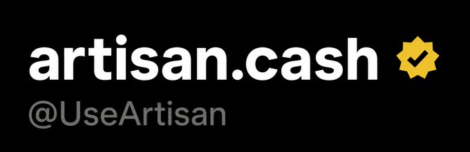 A black background displays the white text "artisan.cash" with a yellow gear-and-checkmark icon, accompanied by the gray handle "@UseArtisan" below, suggesting the brand reveal of Artisan Cash as suggested by the playful "oops, did a thing" caption.