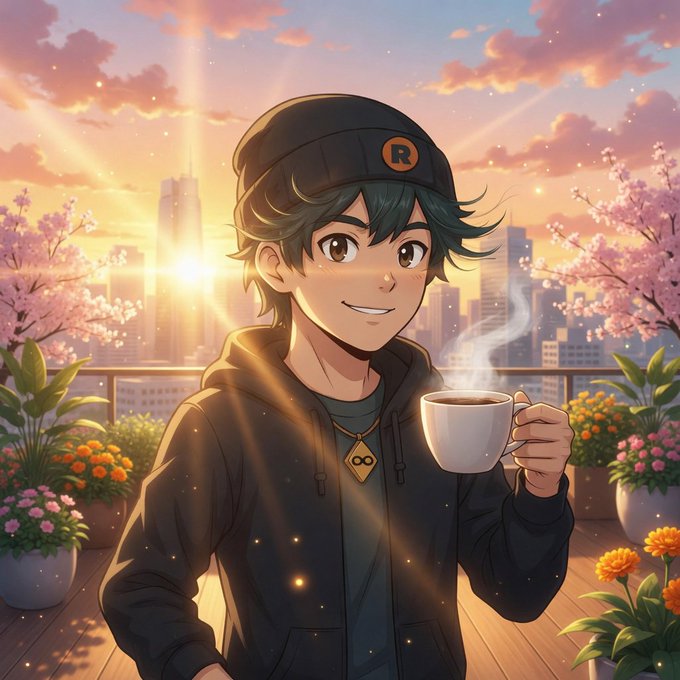 An anime-style illustration of a smiling character in a black hoodie and 'R' cap holding a steaming cup of tea, with a sunset cityscape and cherry blossoms in the background.