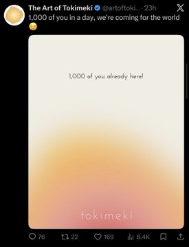 A minimalist Twitter/X post from @artoftokimeki celebrating reaching "1,000 of you in a day, we're coming for the world" with a soft orange/peach gradient graphic reading "1,000 of you already here!" and "tokimeki" at the bottom, tying into the accompanying post's promotional mention of founder @MarieKondo and Jupiter Exchange partnership.