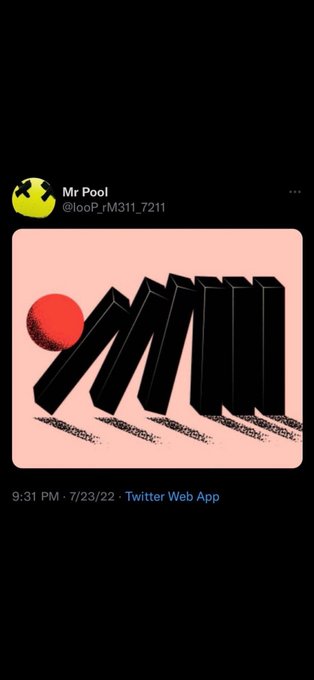 This image, posted by Mr Pool, depicts a red ball about to knock over a line of black dominoes, suggesting a chain reaction that aligns with the "Japan & Solution=XRP" post.