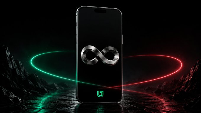 A promotional image for a smartphone displays an infinity symbol on the screen, surrounded by swirling red and green neon lights against a dark, rocky landscape, with a 'U' logo visible.