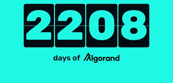 A bright cyan graphic displays "2208 days of Algorand" in a black digital counter font.