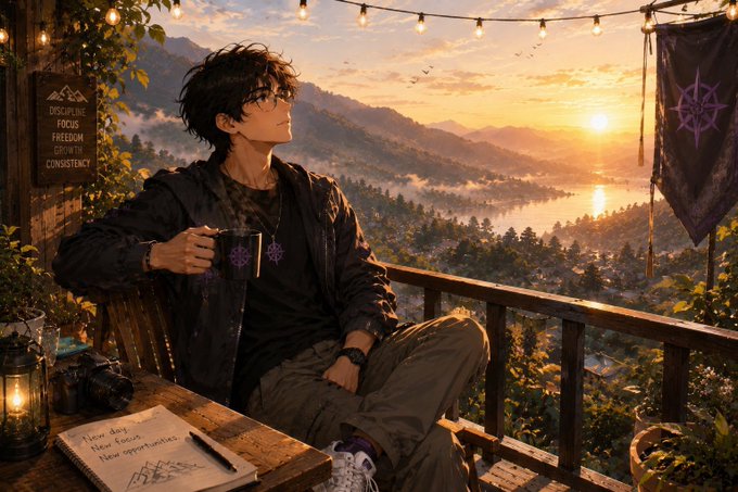 An anime-style illustration of a young man with glasses sitting on a balcony overlooking a misty mountain landscape at sunset, holding a mug with text reading 'DISCIPLINE FOCUS FREEDOM GROWTH CONSISTENCY' on a nearby wooden sign.