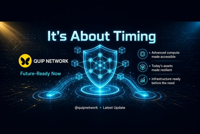 A promotional graphic for 'QUIP NETWORK' featuring a glowing blue shield and cubes with the headline 'It's About Timing', tagline 'Future-Ready Now', and key points including 'Advanced compute made accessible', 'Today's assets made resilient', and 'Infrastructure ready before the need'.