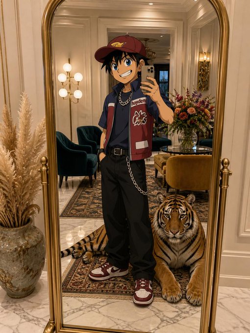 The image features a man posing for a mirror with his reflection, wearing a red baseball cap and holding a cell phone. Behind him, there's a tiger statue or painting of a tiger resting its head on a vase. The scene takes place in an elegant room with gold accents, including a chandelier hanging from the ceiling. The image also includes text that reads "Happy new week frens if you'r not paying attention to these two you're missing out @TermMaxFi: fixed rate lending in DeFi sounds boring until you realize how much money people lose chasing variable yields that flip on them overnight. this just makes sense".