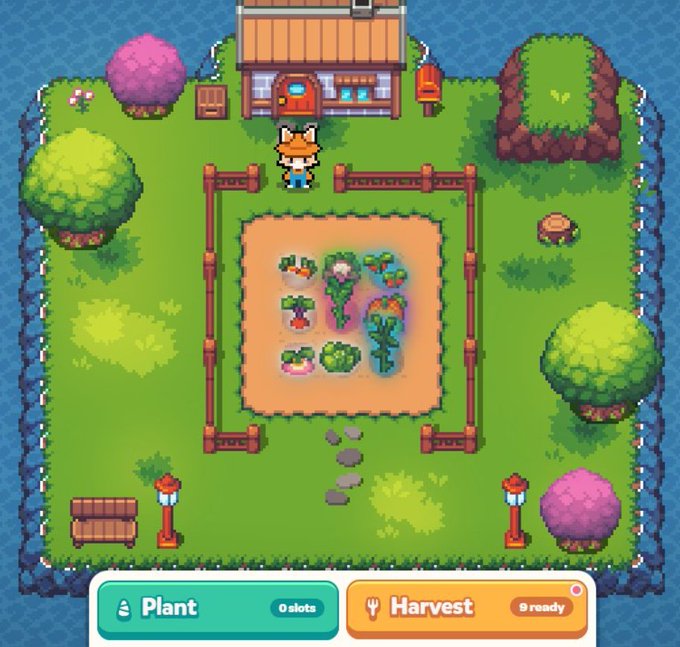 A pixel-art game scene shows a fox character standing near a house above a fenced garden plot containing various growing vegetables, with "Plant 0 slots" and "Harvest 9 ready" action buttons at the bottom. The image relates to the post by illustrating the gameplay of a GameFi farming project, showcasing the planting and harvesting mechanics that users would interact with in tier-1 blockchain games like those mentioned.