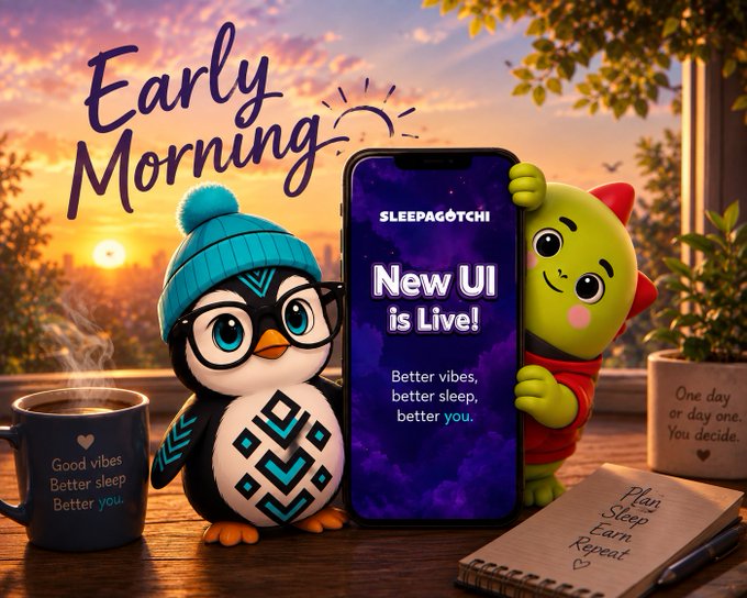 A 3D-rendered 'Early Morning' promotional image featuring a penguin with glasses and a green dinosaur mascot holding a phone displaying 'SLEEPAGOTCHI New UI is Live!' alongside a coffee mug and notebook.
