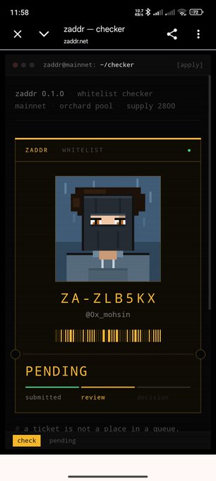 A mobile screenshot of the zaddr.net whitelist checker interface showing a pending ticket review for the handle 'ZA-ZLB5XK' (@0x_mohsin) with a pixel-art character portrait.