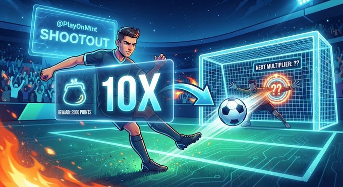 Soccer-themed game graphic for '@PlayOnMint SHOOTOUT' showing a player kicking a ball toward a goal, with a '10X' reward multiplier and 'NEXT MULTIPLIER: ??' displayed.