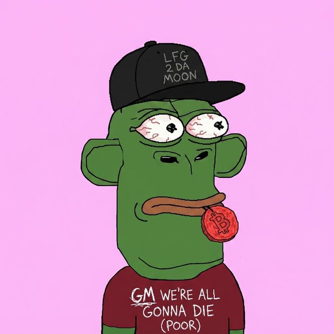 A digital cartoon drawing depicts a green monkey-like character wearing a black cap reading 'LFG 2 DA MOON', bloodshot eyes, a Bitcoin in its mouth, and a red shirt reading 'GM WE'RE ALL GONNA DIE (POOR)' against a pink background.