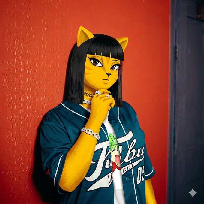 The image features a cartoon cat wearing a blue shirt that has "FUBU" written across the front of it. The cat appears to be posing for the camera with its chin resting thoughtfully on its hand, as if deep in contemplation or pondering something. The background is a red wall, which contrasts nicely with the blue shirt and yellow hair of the cartoon cat. There are no texts present in the image, but there is a caption that reads "Good morning CT God be with you Study $RIVER New Video on Genlayer drops today, anticipate".
