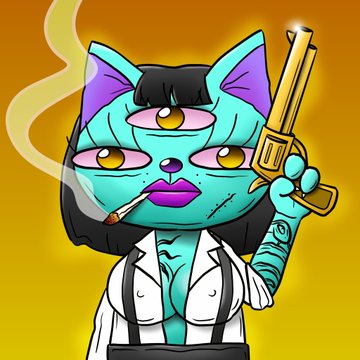 A cartoon illustration of a teal-skinned cat-like character with three eyes, holding a gold pistol in one hand and a cigarette in the other, wearing a white shirt with a black tie.