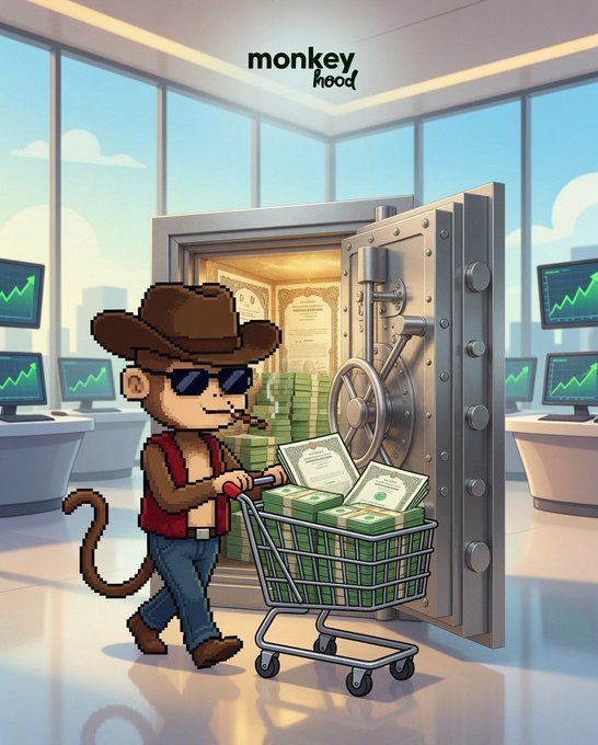 A pixel-art monkey wearing a cowboy hat and sunglasses pushes a shopping cart overflowing with stacks of cash out of an open vault, surrounded by computer monitors displaying green rising charts, with "monkeyhood" displayed prominently above. The cartoonish heist scene visually reinforces the post's message about the "Nesting Dashboard" launch on monkeyhood.club, playfully symbolizing the accumulation of wealth and stats tied to upgraded nested Monkes.