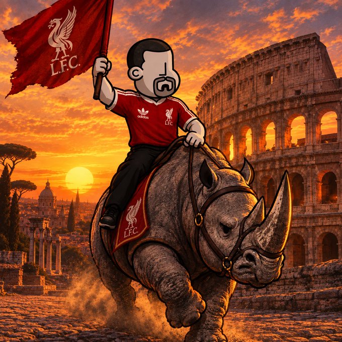 A digital illustration depicts a cartoon man in a Liverpool F.C. kit riding a rhinoceros while holding an L.F.C. flag, set against a backdrop of the Roman Colosseum at sunset.