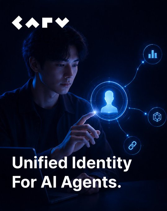 The image features a man sitting at a desk with his hand pointing towards an object that appears to be a computer screen or laptop. The background of the image is dark blue, which contrasts with the white text displayed below him. The text reads "Unified identity turns scattered blockchain data into clear, decision-ready context for AI agents." This message emphasizes how unified identity can help make sense of scattered data and provide valuable insights to AI agents in various industries.