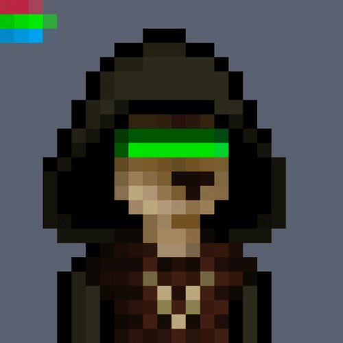 A pixel art portrait of a person with dark hair wearing a green visor and a brown outfit against a blue background.