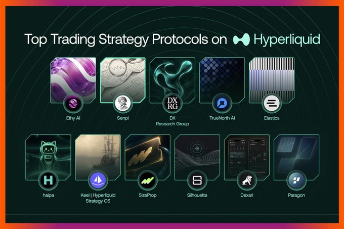 An infographic titled 'Top Trading Strategy Protocols on Hyperliquid' displaying logos for eleven platforms: Ethy AI, Senpi, DX Research Group, TrueNorth AI, Elastics, halpa, Keel | Hyperliquid Strategy OS, SizeProp, Silhouette, Dexari, and Paragon.