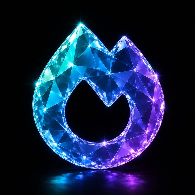 A glowing, 3D polygonal flame or droplet icon in blue and purple gradient against a black background.