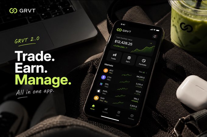 An advertisement for GRVT 2.0 cryptocurrency app showing a smartphone displaying a portfolio value of $12,428.25 with markets for BTC, ETH, SOL, AAPL, and Gold, alongside the text 'Trade. Earn. Manage. All in one app.'