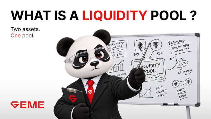 An infographic titled 'WHAT IS A LIQUIDITY POOL?' featuring an animated panda in a suit pointing to a whiteboard explaining cryptocurrency concepts, branded with 'GEME'.