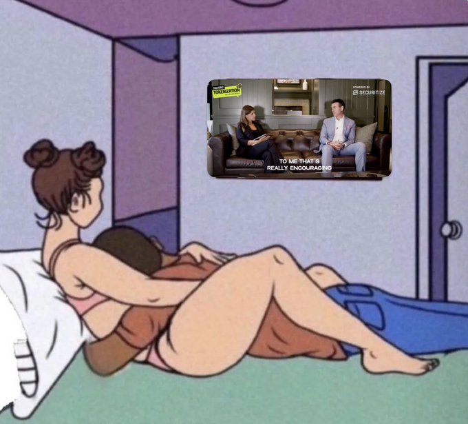 An illustrated cartoon-style image shows a couple in an intimate position on a bed watching a "Securitize" podcast episode on a wall-mounted TV, featuring Andrew McMarkets and Jacqueline discussing "$LINK" (Chainlink's token). The juxtaposition of the sensual bedroom scene with a financial podcast creates a humorous visual metaphor for being "tuned in" to crypto content.