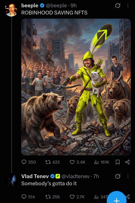 Beeple's satirical artwork titled "ROBINHOOD SAVING NFTs" depicts Vlad Tenev in a green Robin Hood outfit holding a crossbow and a white cat among bears and ruins, referencing Vlad Tenev's reply tweet "Somebody's gotta do it" with 247K views, playfully illustrating his comments during Robinhood's earnings about saving NFTs.