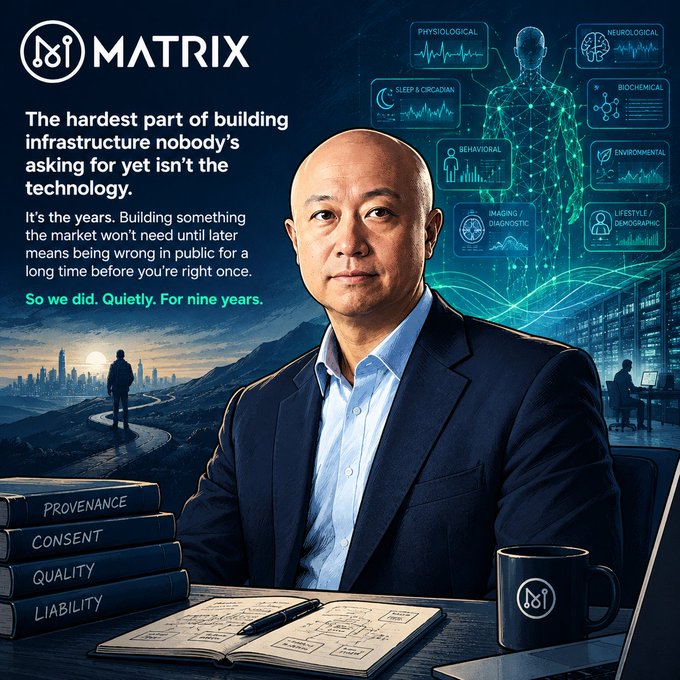 A corporate-style poster labeled “MATRIX” features a suited man, digital health graphics, and the text: “The hardest part of building infrastructure nobody’s asking for yet isn’t the technology… So we did. Quietly. For nine years.” Books are labeled “PROVENANCE,” “CONSENT,” “QUALITY,” and “LIABILITY.”