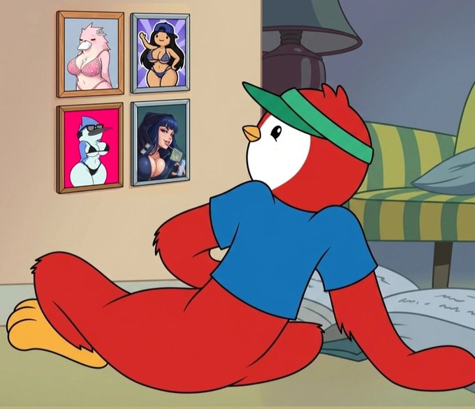 The image features a cartoon penguin sitting on the floor, looking at something off-camera. There are four pictures of women displayed above him, which adds an interesting visual element to the scene. The text "good morning ct" suggests that this is part of a series or collection related to the post.