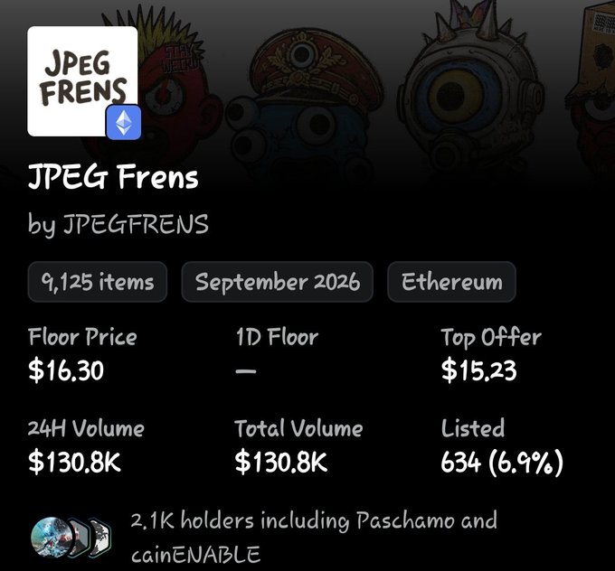 A screenshot of the "JPEG Frens" NFT collection showing 9,125 items, Ethereum-based, with a Floor Price of $16.30 and Top Offer of $15.23.