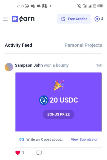A mobile screenshot of the 'Earn' app showing an Activity Feed with 'Sampson John won a bounty' for 20 USDC (BONUS PRIZE), prompting the user to write an X post about it.