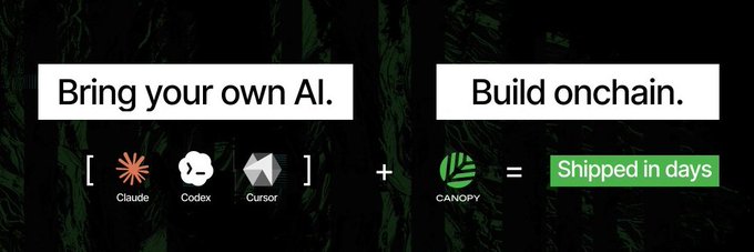 A promotional graphic reading 'Bring your own AI. + Build onchain. Shipped in days' featuring logos for Claude, Codex, Cursor, and CANOPPY.