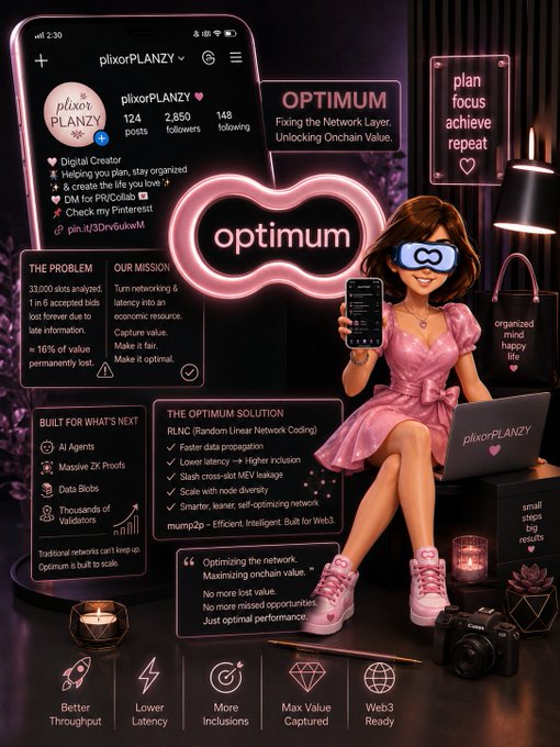 A stylized infographic for 'Optimum' and 'plixorPLANZY' featuring a cartoon woman in pink with an infinity logo, detailing MEV optimization solutions.