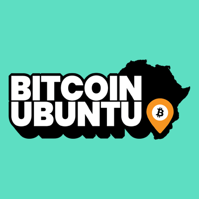 A logo with the text 'BITCOIN UBUNTU' featuring an orange Bitcoin location pin over a silhouette of Africa on a teal background.
