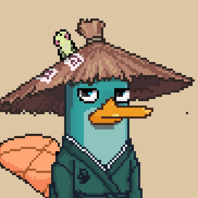 A pixel art illustration of a teal duck character wearing a green kimono and a straw hat, with a small green frog on its head.
