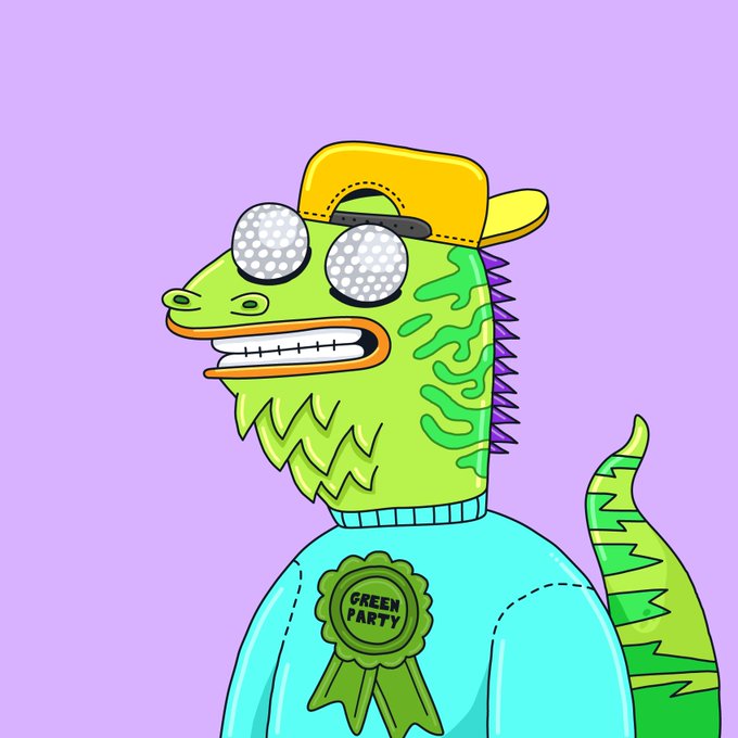 A cartoon green lizard-like character wearing googly sunglasses, a yellow cap, and a teal sweater with a 'GREEN PARTY' rosette stands against a purple background.