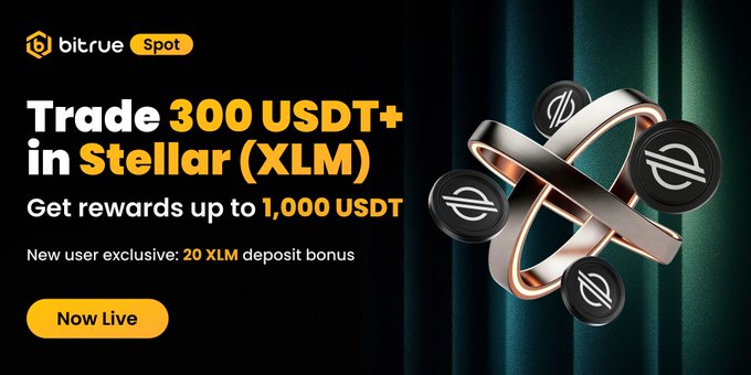 The image shows a black background with a white overlay of a silver ring surrounded by black coins, giving an impression of something shiny or metallic. Below this image, there is text that announces a limited-time campaign for trading XLM (Digital Currency). The campaign encourages users to deposit XLM and trade it over 300 USDT to get rewards up to $1,000 USDT, offering exclusive opportunities for new users who are members of the Bitcoin blockchain.