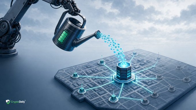 A robotic arm holding a watering can pours digital data droplets onto a central server tower connected by illuminated lines to smaller nodes on a platform. The "CryptoDaily" logo appears in the bottom left corner. The image metaphorically illustrates the automated precision needed in data capture workflows, contrasting with the post's caution about how easily human capture methods can miss details and create gaps—unlike the seamless, automated approach VanGrid's capture check provides.