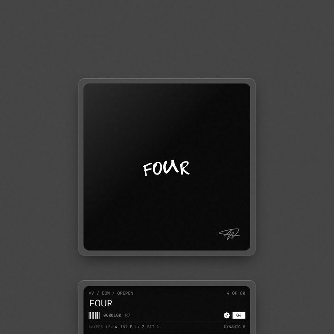 The image shows a minimalist black artwork with the word "FOUR" handwritten in white marker-style text, accompanied by a signature in the bottom right corner. Below it appears a digital label reading "FOUR" with "VV / EDW / OPEPEN" and "4 OF 80" indicating this is edition 4 of 80 in the Opepen collection, corresponding to the Instagram post about revealing the "four" from Jack Butcher's "Economy of Opepen" set.