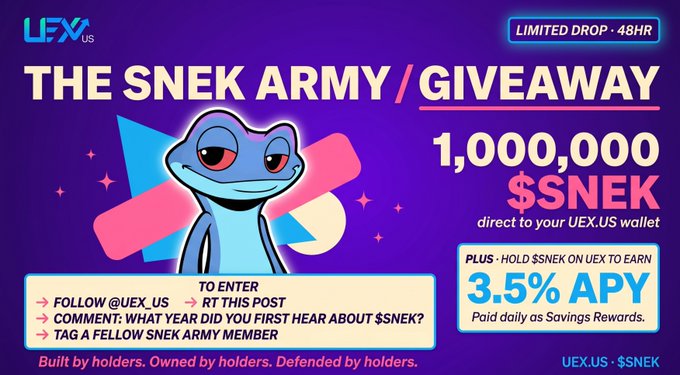 The image features an advertisement for a Snek Army/Gift giveaway. The poster displays a cartoon frog as the main character, with the text "The Snek Army / Giveaway" written above him. Below the frog, there are two lines of text that read "1,000,000" and "SNEK". These numbers indicate the amount of money being offered for the giveaway. The poster also includes a tagline that reads "Focus on what is in the image and how it relates to the post", suggesting that the image should be used as part of an advertisement or promotional campaign related to the Snek Army/Gift giveaway.