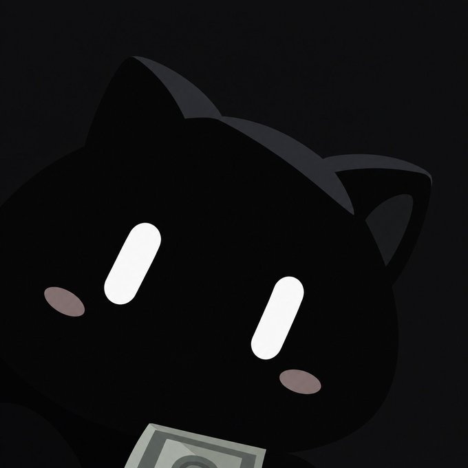 A digital illustration of a stylized black cat character with white glowing eyes and pink cheeks, holding a dollar bill.