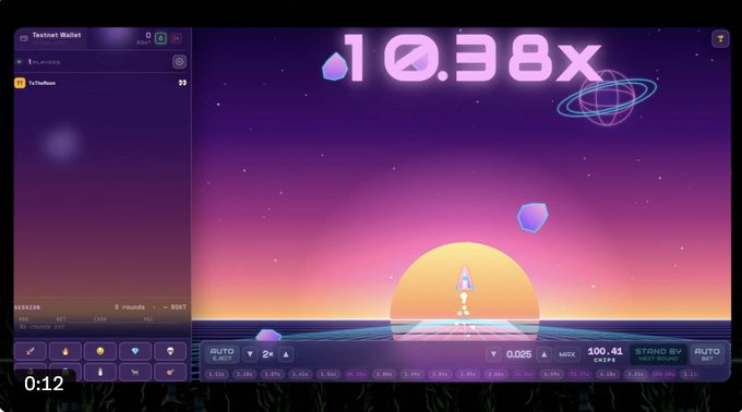A screenshot of a crypto gaming/crash interface showing a multiplier at 10.38x with a rocket-themed background, a Testnet Wallet panel, and a 'Stand By Next Round' message at 100.41 CRSH.