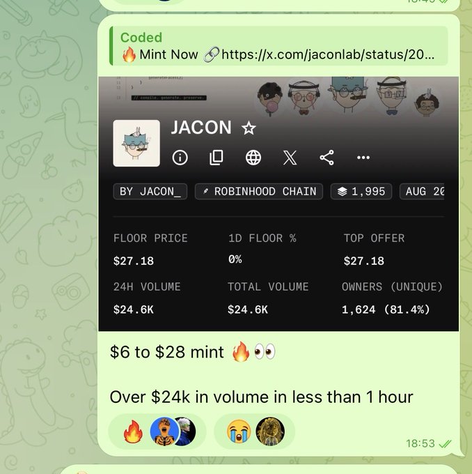 A screenshot of a Telegram post promoting the 'JACON' NFT on Robinhood Chain, showing a floor price of $27.18 and over $24k in volume.