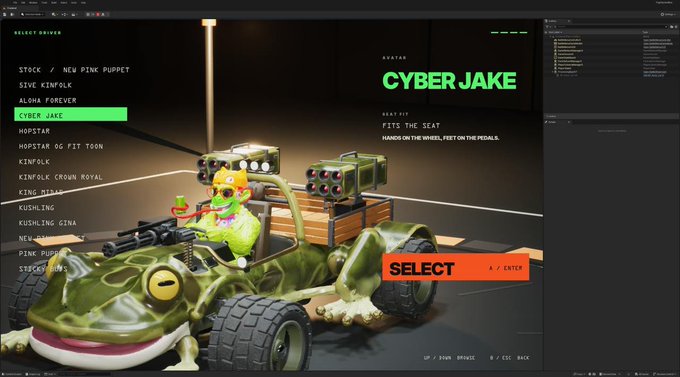 A video game character selection screen for 'CYBER JAKE,' showing a green character in a military-style vehicle with options like 'FITS THE SEAT' and 'SELECT.'