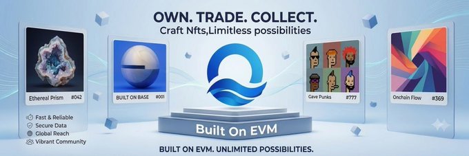 The image is a promotional banner for OceanSky featuring the tagline "OWN. TRADE. COLLECT. Craft NFTs, Limitless possibilities" with "Built On EVM" prominently displayed, showcasing featured NFTs like "Ethereal Prism #042," "BUILT ON BASE #001," "Gane Punks #777," and "Onchain Flow #369." This aligns with the post highlighting OceanSky's all-in-one platform for Base users to trade NFTs and swap tokens.