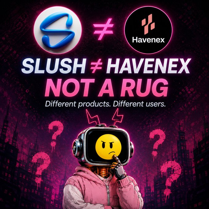 A promotional graphic comparing 'SLUSH' and 'HavENEX' with the text 'NOT A RUG' and 'Different products. Different users.', featuring an illustration of a robot with a thinking emoji face surrounded by question marks.