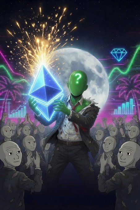 The image depicts a central figure in a green mask with a question mark, holding a glowing blue diamond-shaped Ethereum symbol amid sparks and a full moon, surrounded by a crowd of bald figures with stylized, ambiguous faces. Neon pink and green chart lines and palm trees frame the background, evoking crypto market energy and digital rebellion, perfectly matching the $ANON post's themes of anonymity and a free internet.