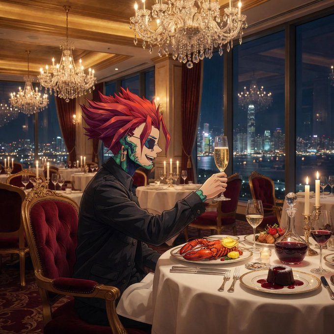 An illustrated anime-style character with red spiky hair dining at an elegant restaurant with chandeliers, holding a glass of champagne with lobster on the table and a city skyline at night in the background.